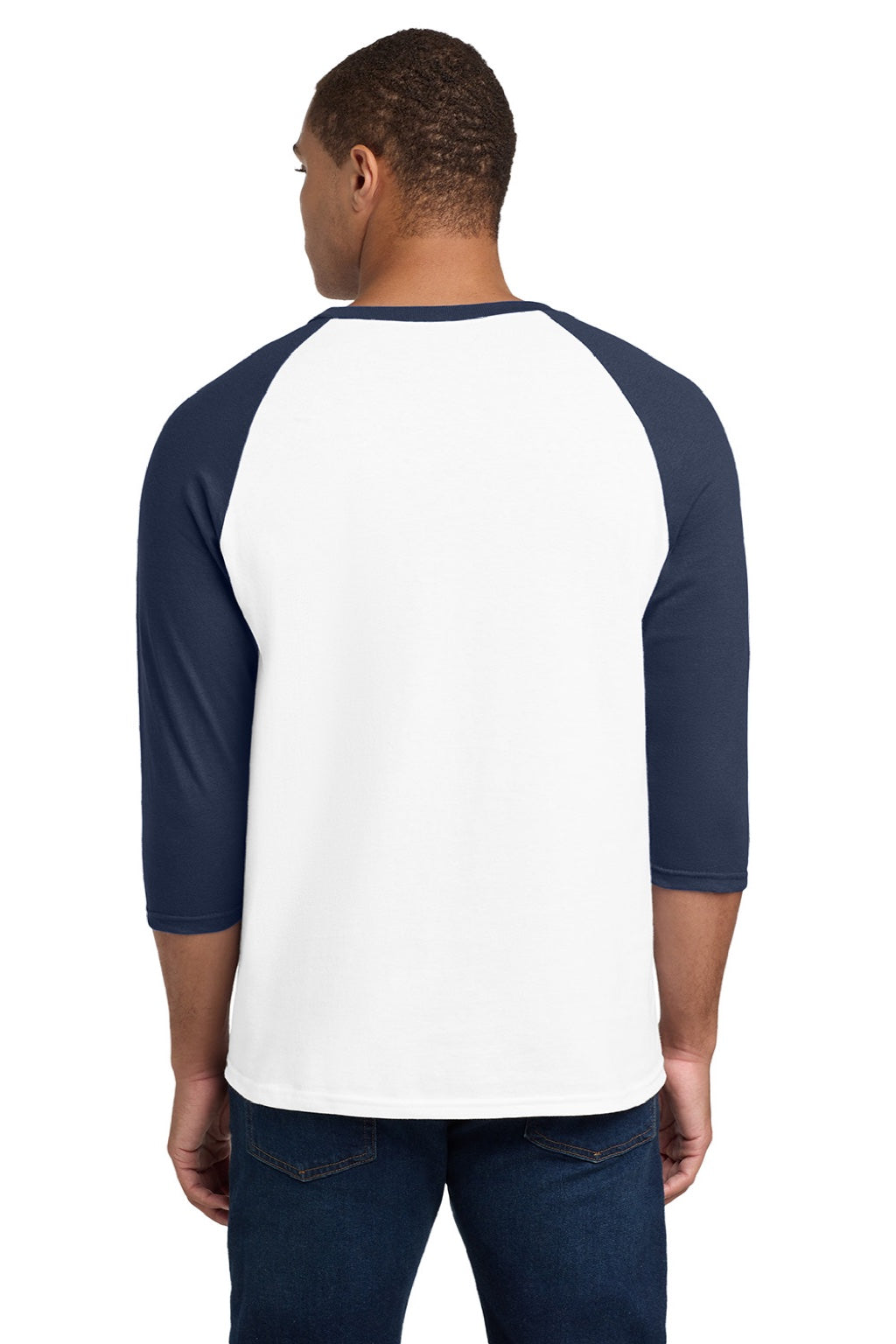 Gildan 5700 Mens 3/4 Sleeve Crewneck T-Shirt White/Navy Blue Model Back