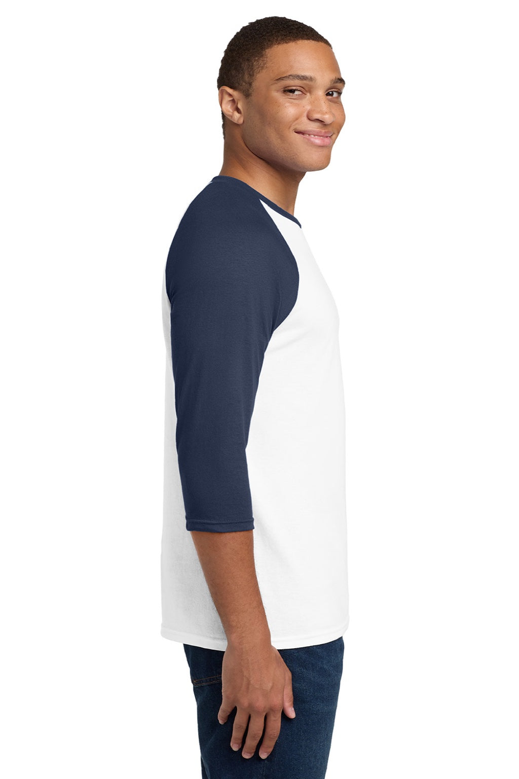 Gildan 5700 Mens 3/4 Sleeve Crewneck T-Shirt White/Navy Blue Model Side