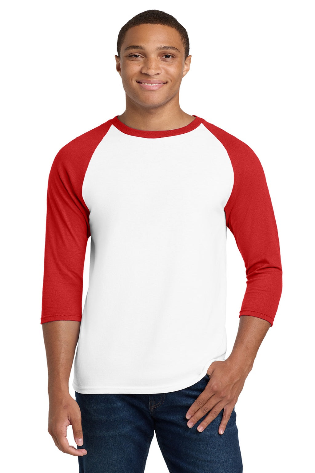 Gildan 5700 Mens 3/4 Sleeve Crewneck T-Shirt White/Red Model Front