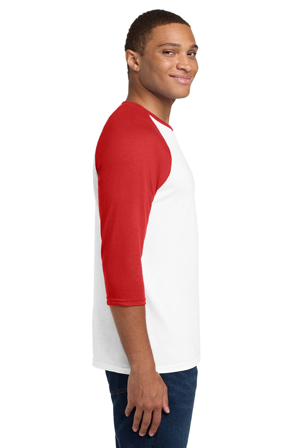 Gildan 5700 Mens 3/4 Sleeve Crewneck T-Shirt White/Red Model Side
