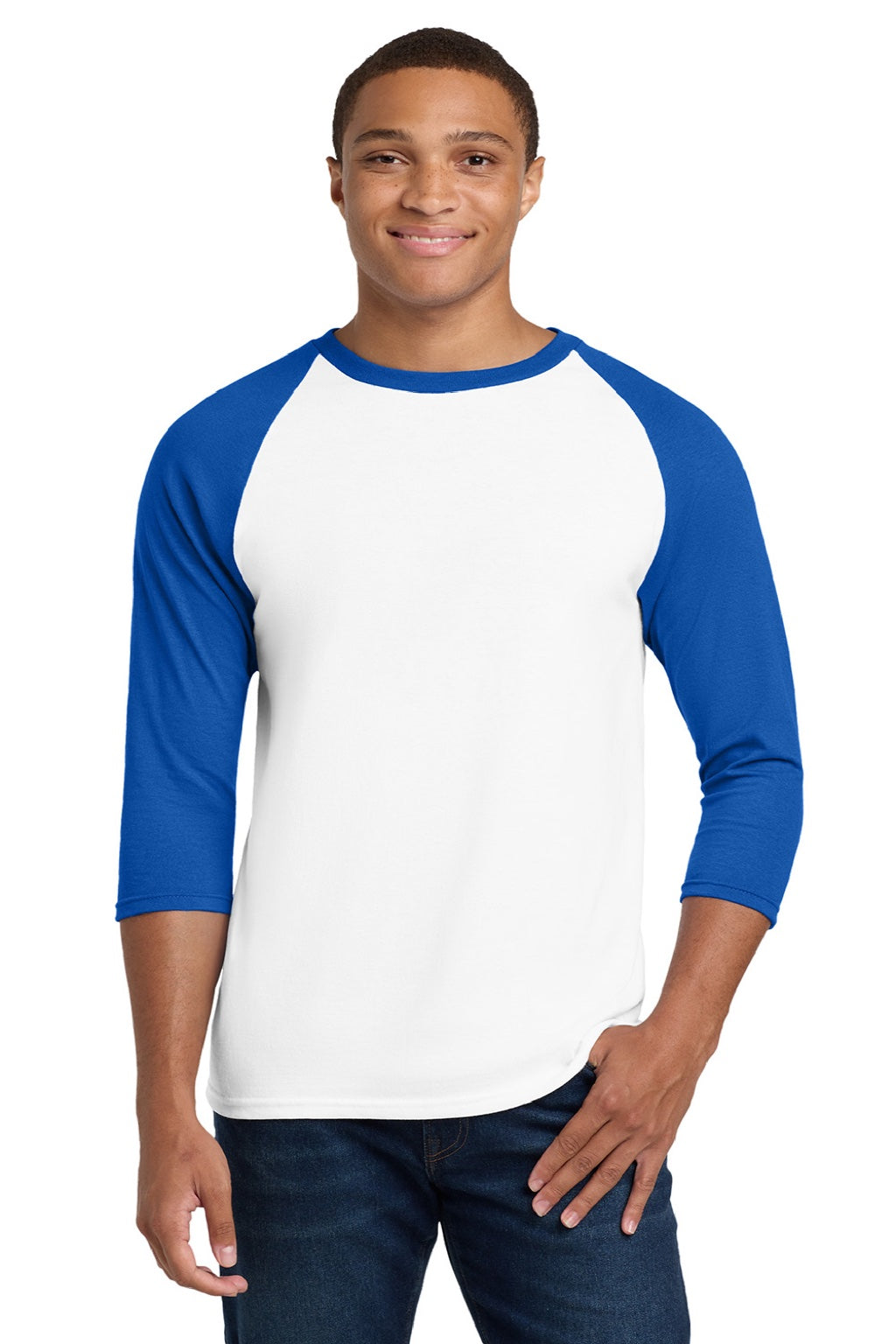 Gildan 5700 Mens 3/4 Sleeve Crewneck T-Shirt White/Royal Blue Model Front