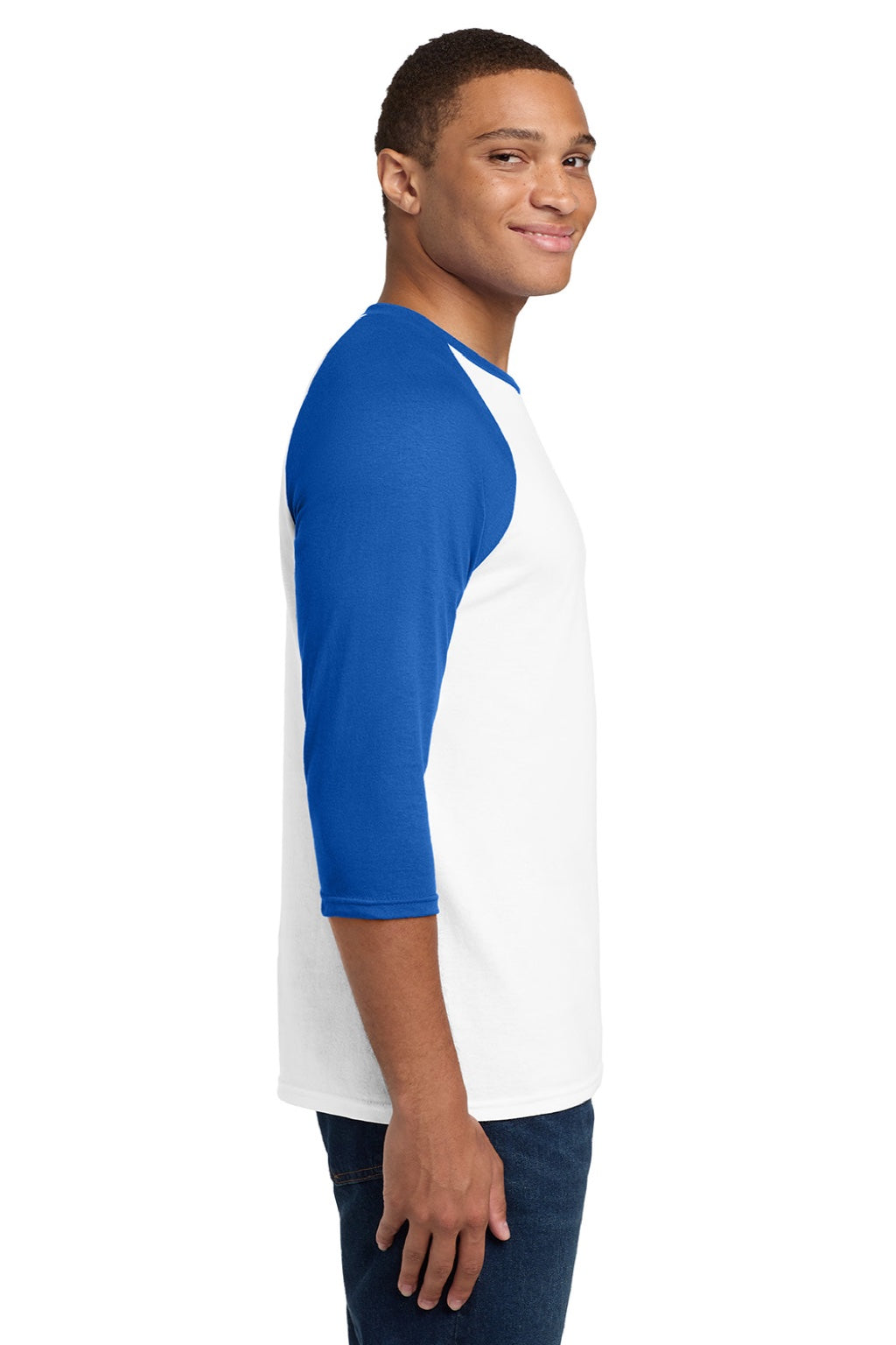 Gildan 5700 Mens 3/4 Sleeve Crewneck T-Shirt White/Royal Blue Model Side