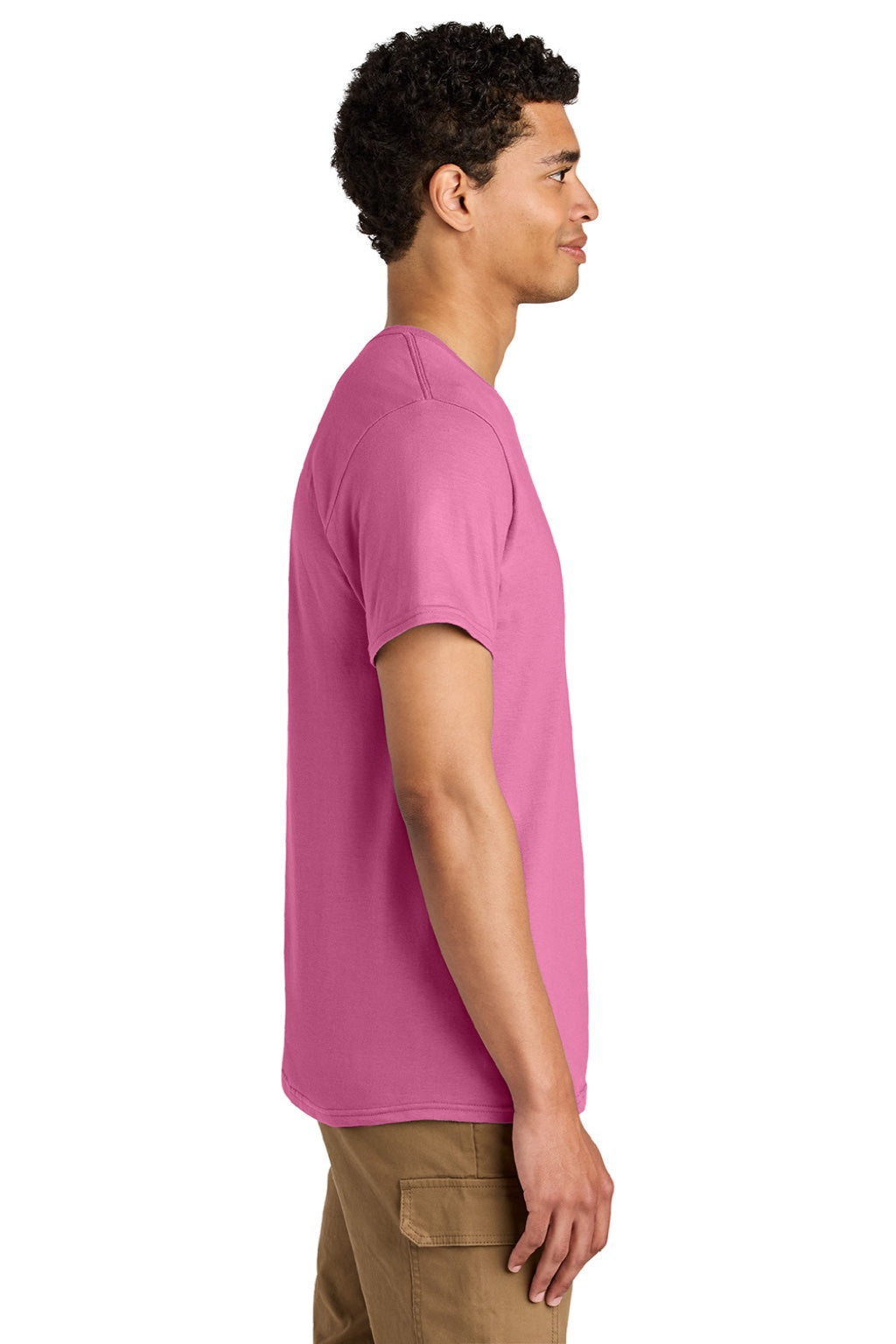 Jerzees 570M Mens Premium Short Sleeve Crewneck T-Shirt Bubblegum Pink Model Side
