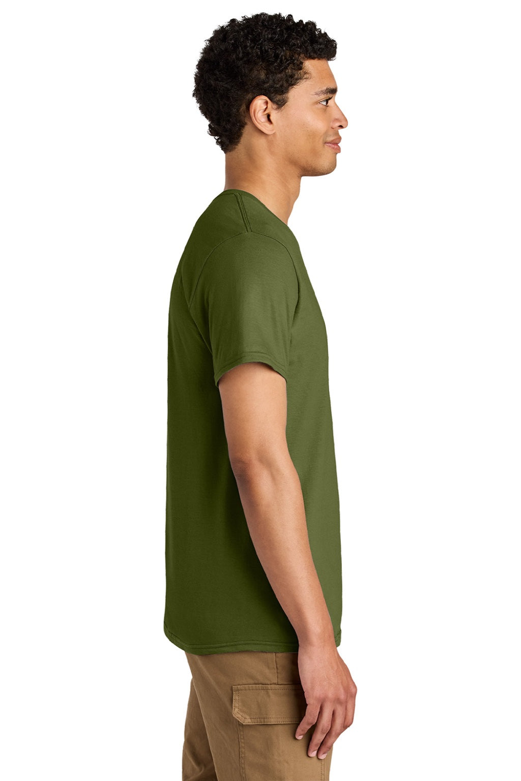 Jerzees 570M Mens Premium Short Sleeve Crewneck T-Shirt Olive Oil Green Model Side