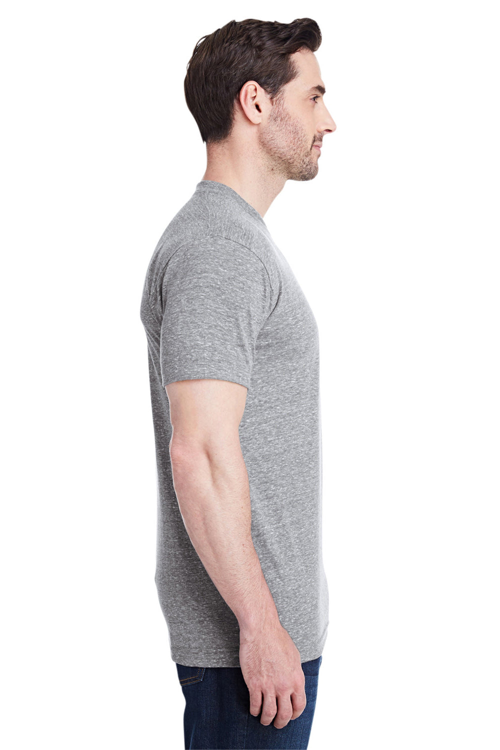 Bayside 5710 Mens USA Made Short Sleeve Crewneck T-Shirt Athletic Grey Model Side