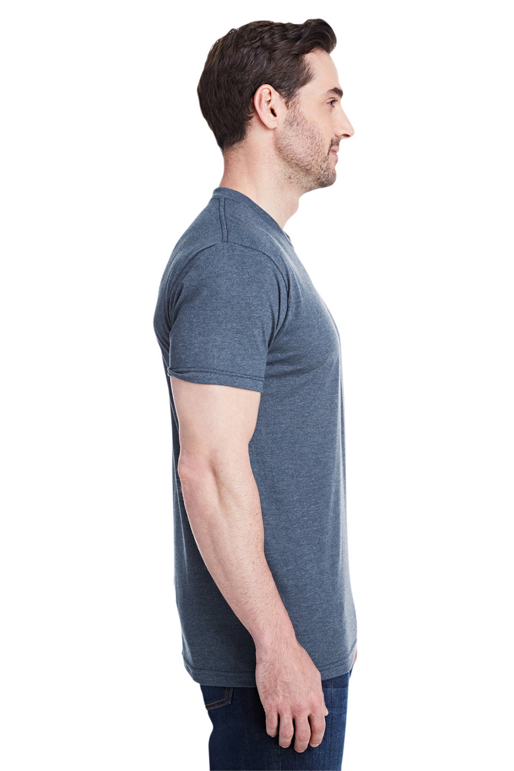 Bayside 5710 Mens USA Made Short Sleeve Crewneck T-Shirt Steel Blue Model Side
