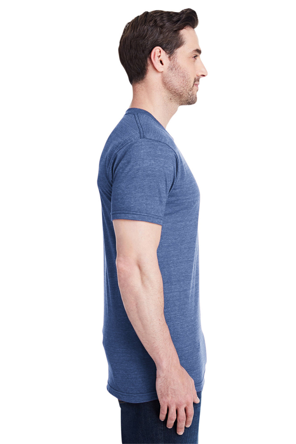 Bayside 5710 Mens USA Made Short Sleeve Crewneck T-Shirt Denim Blue Model Side