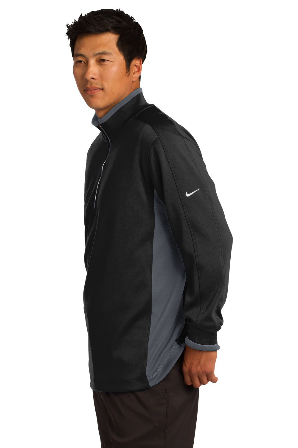 Nike 578673 Mens Dri-Fit Moisture Wicking 1/4 Zip Sweatshirt Black/Dark Grey/White Model Side