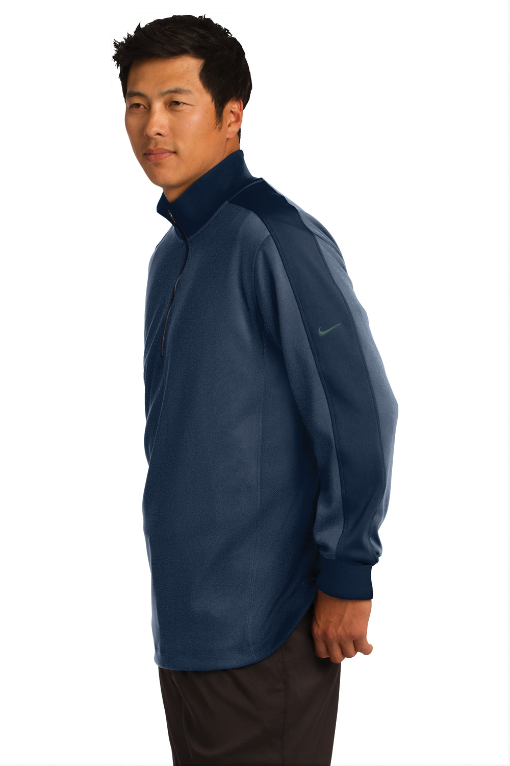 Nike 578673 Mens Dri-Fit Moisture Wicking 1/4 Zip Sweatshirt Heather Navy Blue/Navy Blue Model Side