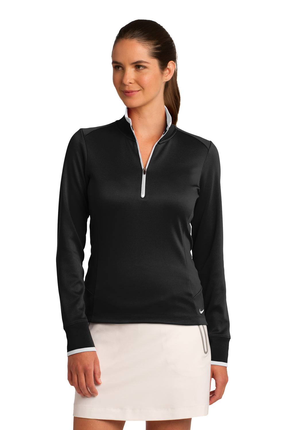 Nike 578674 Womens Dri-Fit Moisture Wicking 1/4 Zip Sweatshirt Black/White Model Front