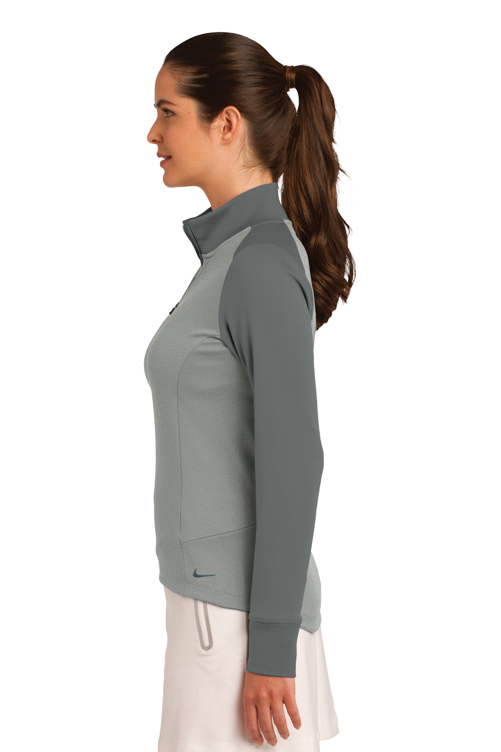 Nike 578674 Womens Dri-Fit Moisture Wicking 1/4 Zip Sweatshirt Heather Grey/Dark Grey Model Side