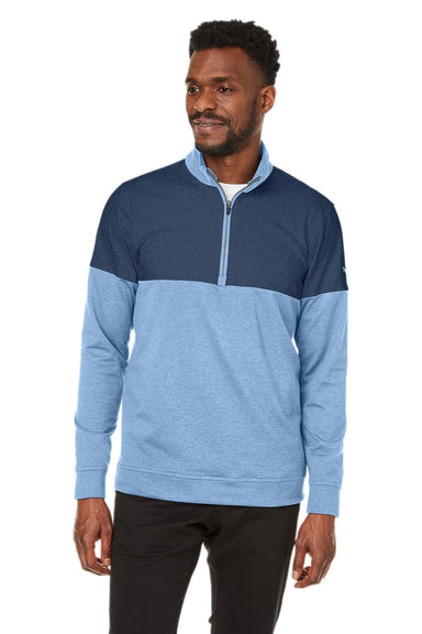 Puma 595803 Mens Cloudspun Moisture Wicking Warm Up 1/4 Zip Sweatshirt Bell Blue/Dark Denim Blue Model Front