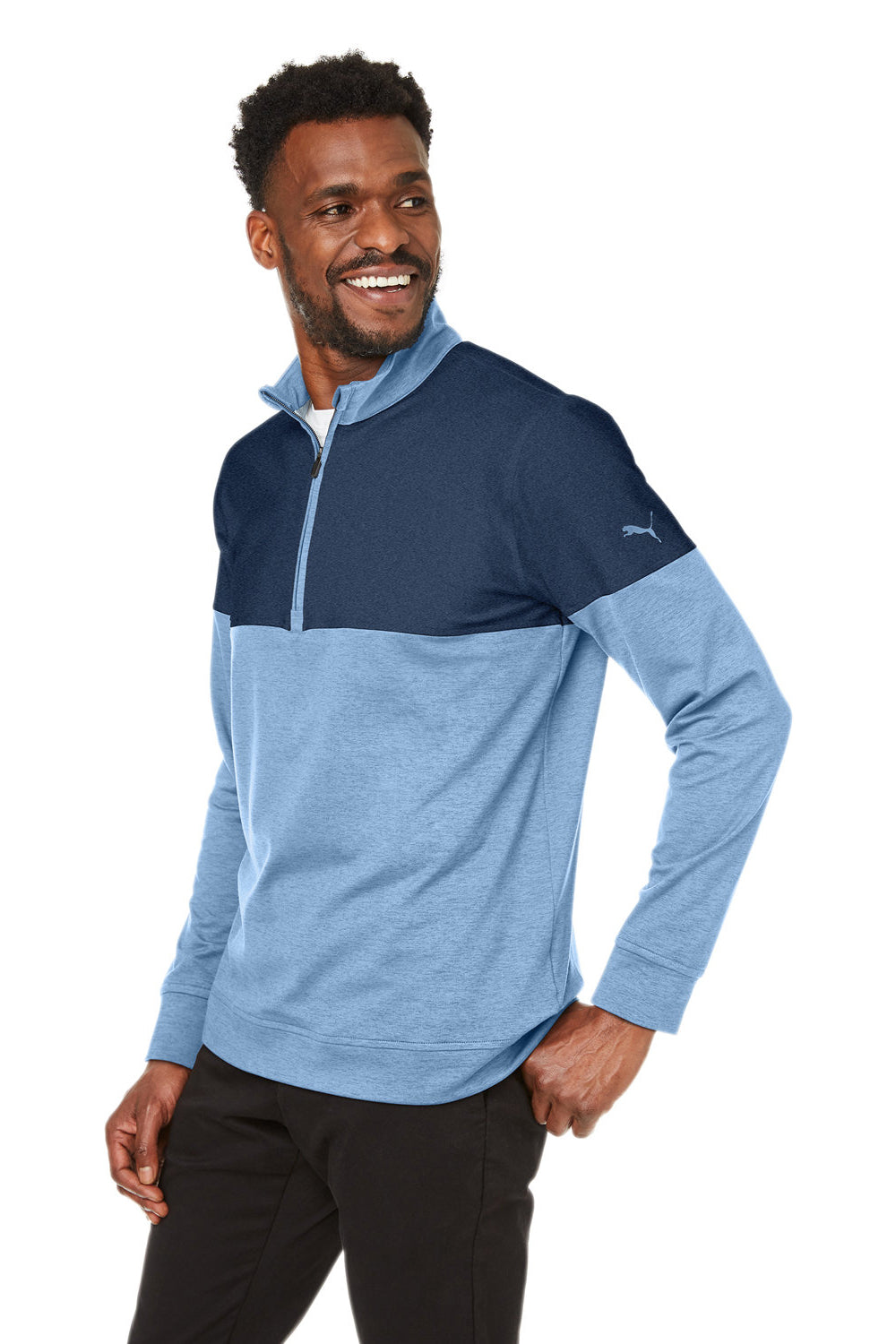Puma 595803 Mens Cloudspun Moisture Wicking Warm Up 1/4 Zip Sweatshirt Bell Blue/Dark Denim Blue Model 3q