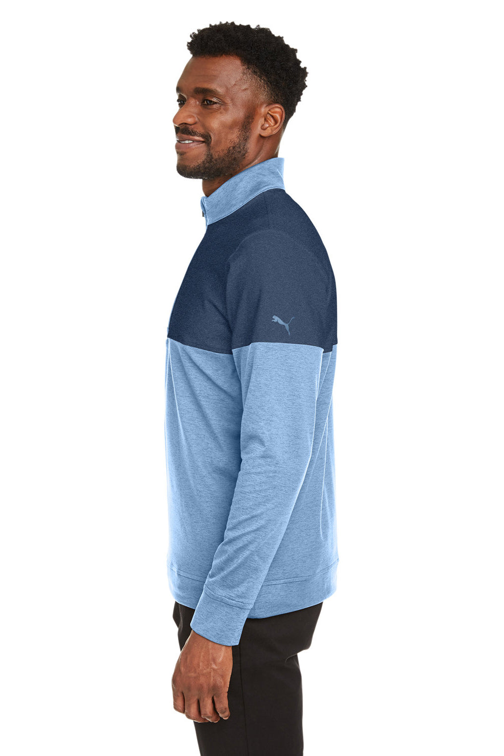 Puma 595803 Mens Cloudspun Moisture Wicking Warm Up 1/4 Zip Sweatshirt Bell Blue/Dark Denim Blue Model Side
