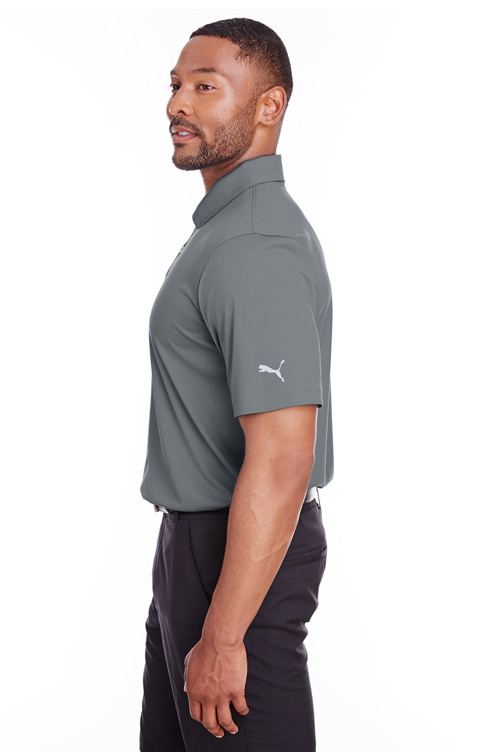 Puma 596799 Mens Icon Performance Moisture Wicking Short Sleeve Polo Shirt Quiet Shade Grey Model Side