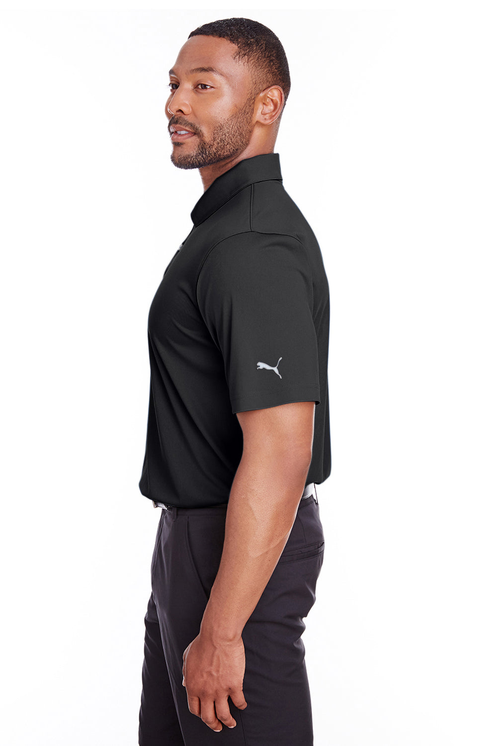 Puma 596799 Mens Icon Performance Moisture Wicking Short Sleeve Polo Shirt Black Model Side