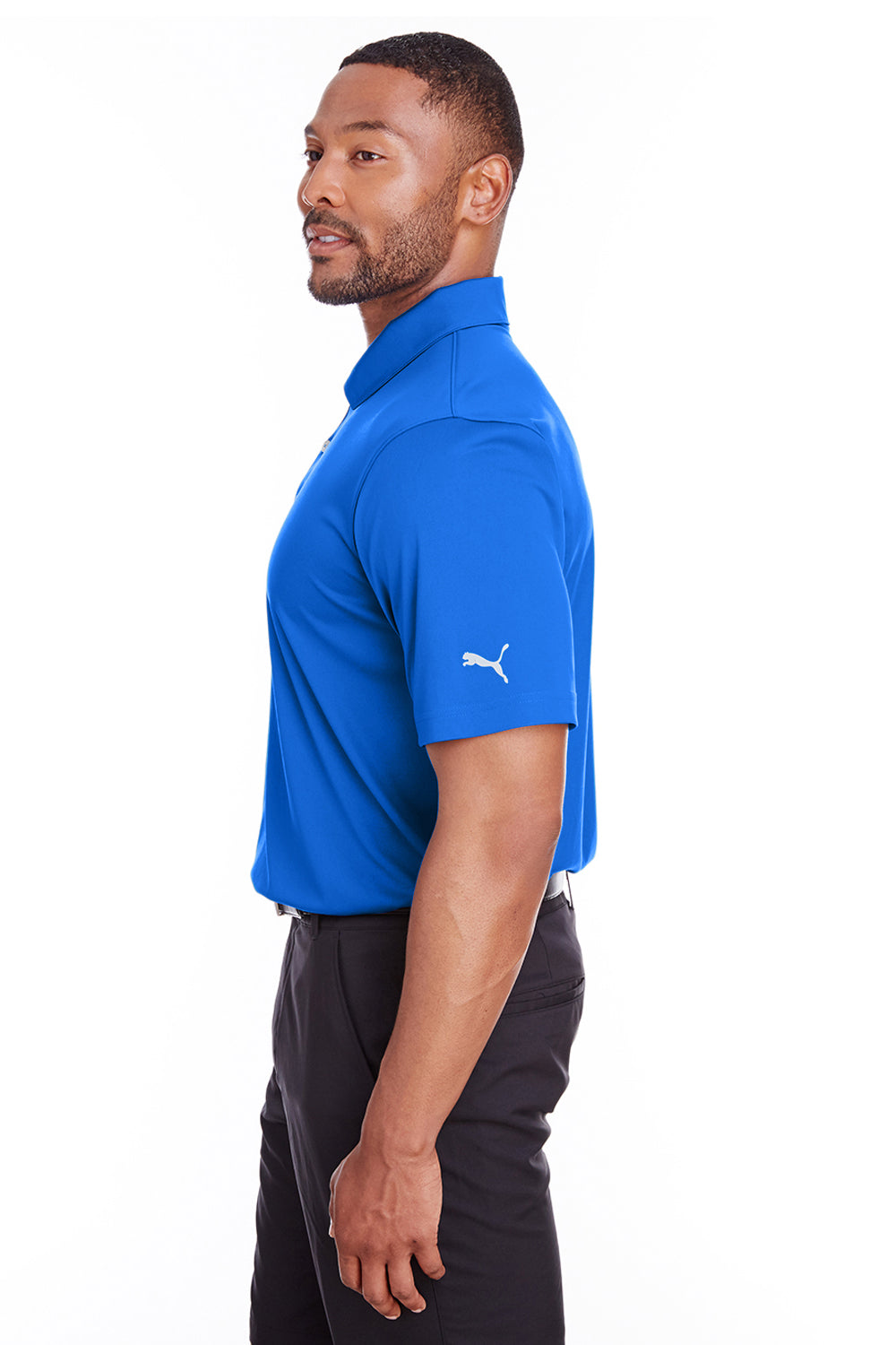 Puma 596799 Mens Icon Performance Moisture Wicking Short Sleeve Polo Shirt Lapis Blue Model Side
