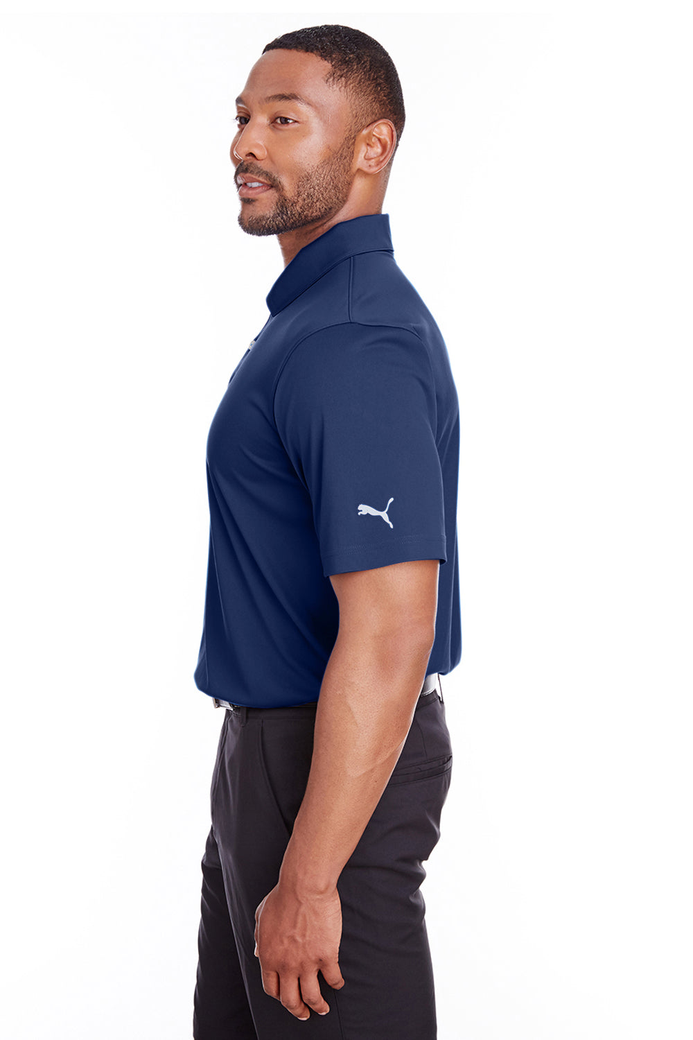 Puma 596799 Mens Icon Performance Moisture Wicking Short Sleeve Polo Shirt Peacoat Blue Model Side