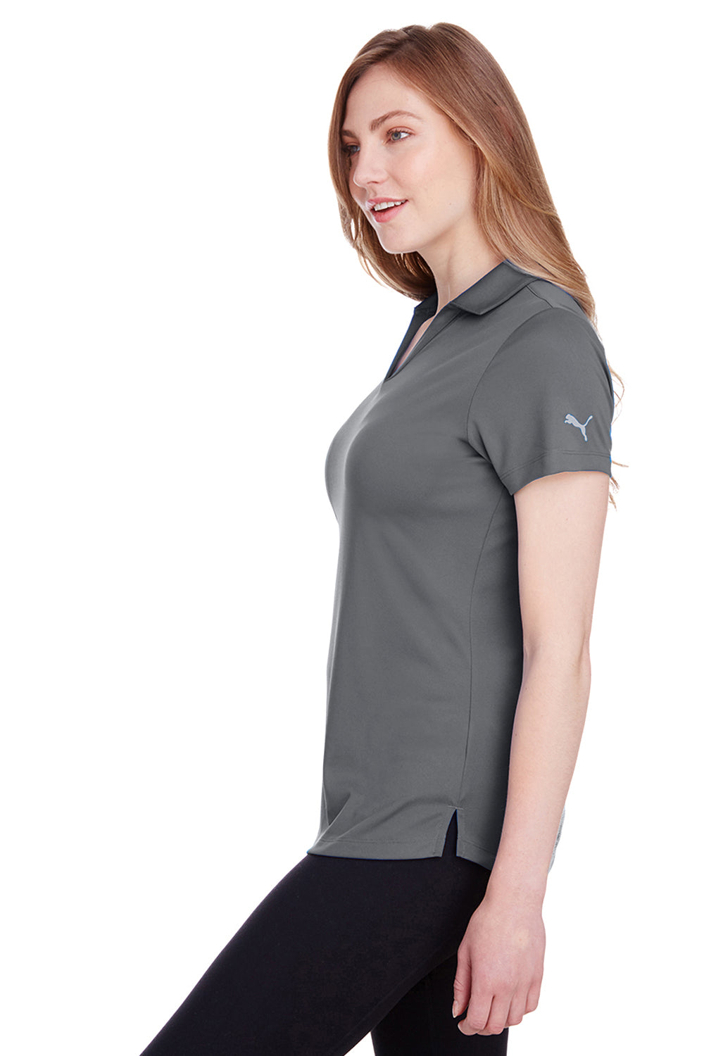 Puma 596800 Womens Icon Performance Moisture Wicking Short Sleeve Polo Shirt Quiet Shade Grey Model Side