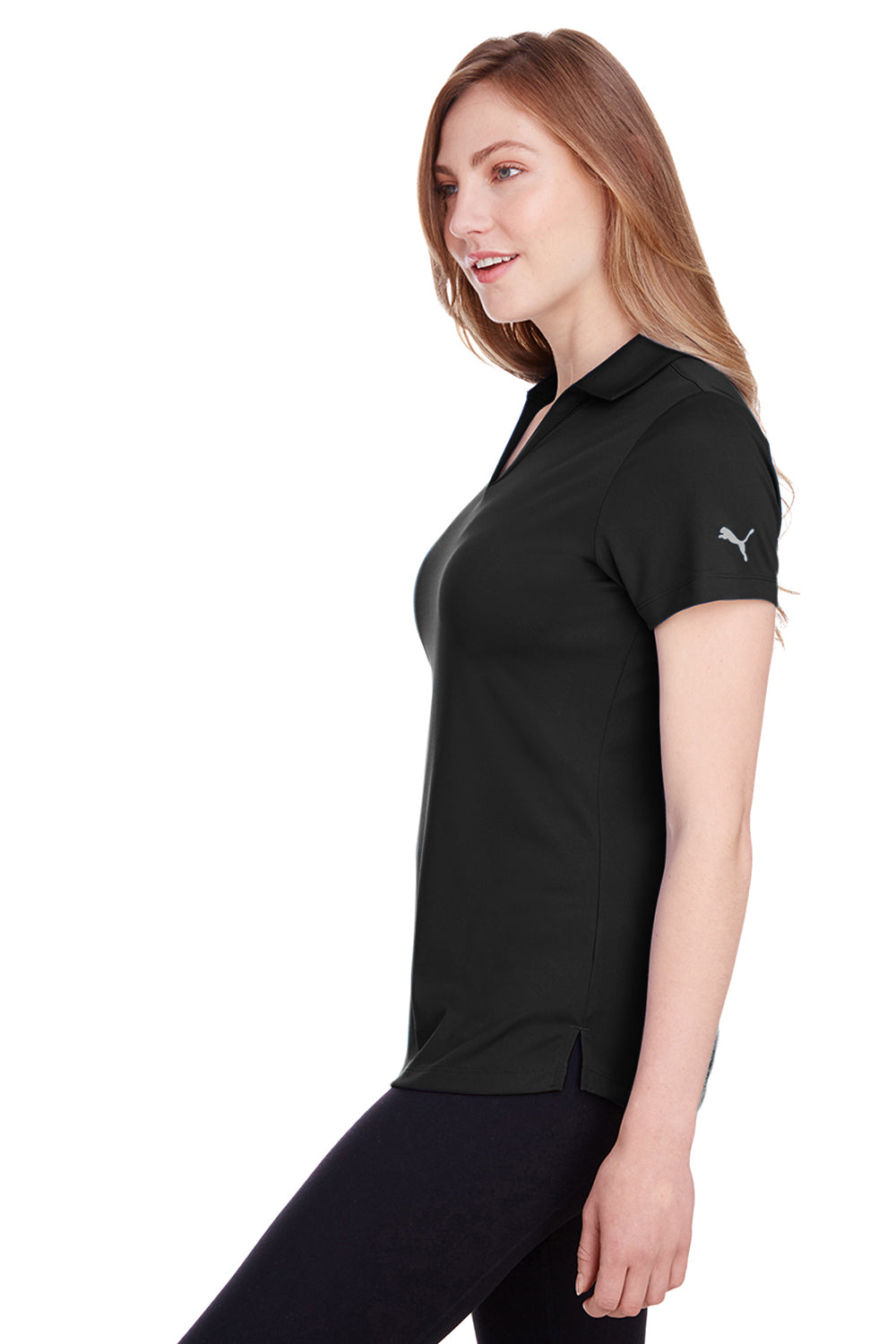 Puma 596800 Womens Icon Performance Moisture Wicking Short Sleeve Polo Shirt Black Model Side