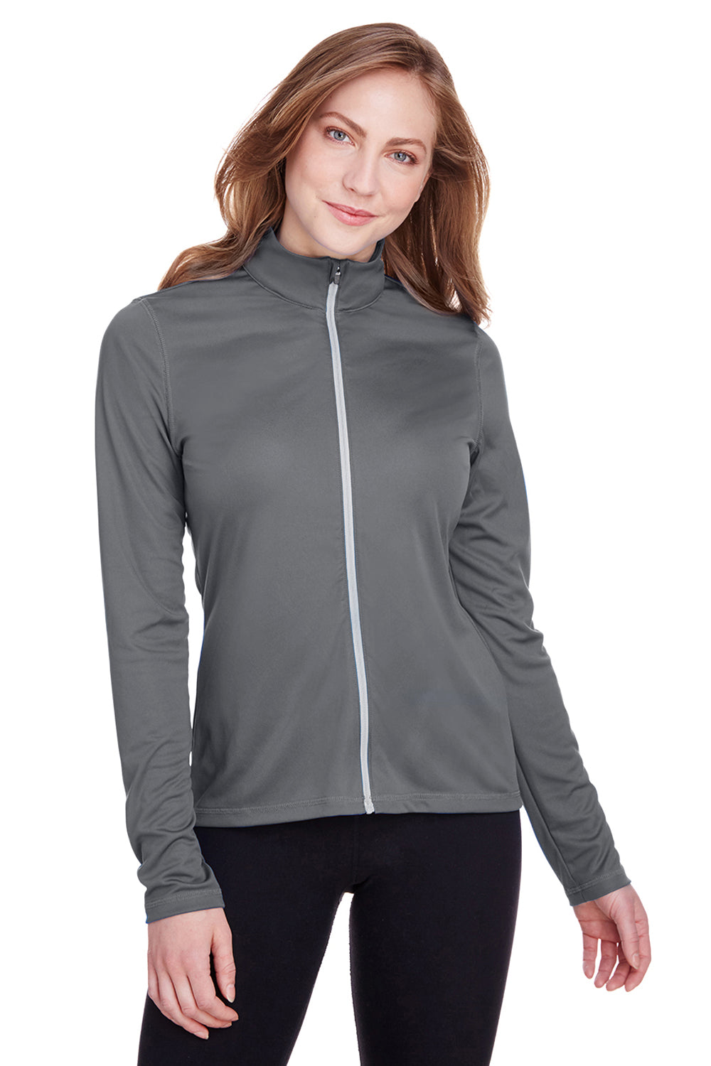 Puma 596803 Womens Icon Performance Moisture Wicking Full Zip Sweatshirt Quiet Shade Grey Model Front