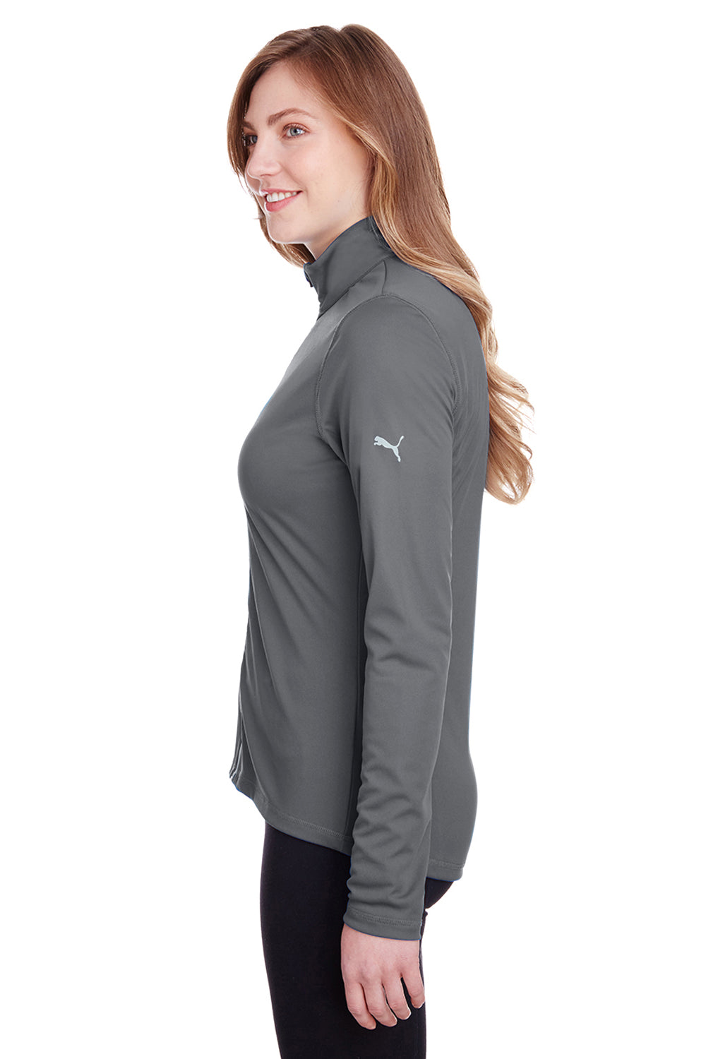 Puma 596803 Womens Icon Performance Moisture Wicking Full Zip Sweatshirt Quiet Shade Grey Model Side