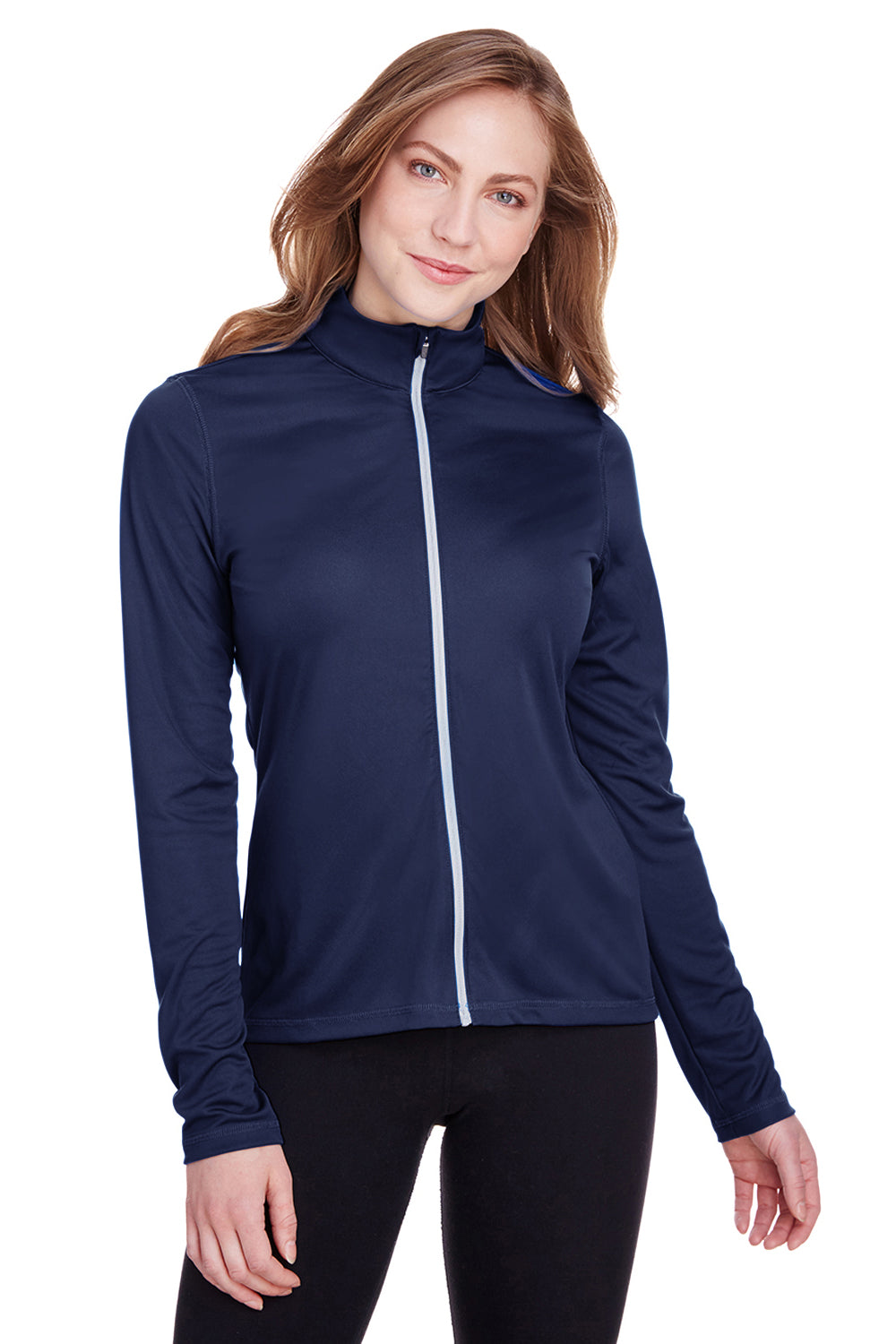Puma 596803 Womens Icon Performance Moisture Wicking Full Zip Sweatshirt Peacoat Blue Model Front