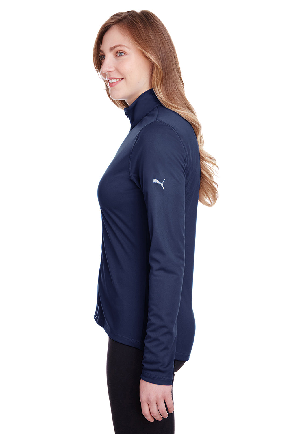 Puma 596803 Womens Icon Performance Moisture Wicking Full Zip Sweatshirt Peacoat Blue Model Side