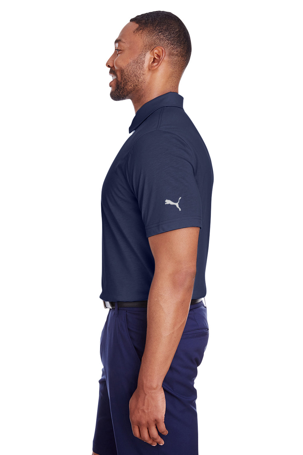 Puma 596920 Mens Fusion Performance Moisture Wicking Short Sleeve Polo Shirt Peacoat Blue Model Side