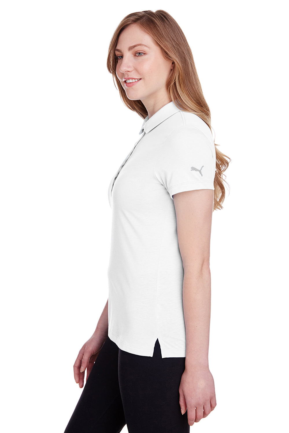 Puma 596921 Womens Fusion Performance Moisture Wicking Short Sleeve Polo Shirt Bright White Model Side