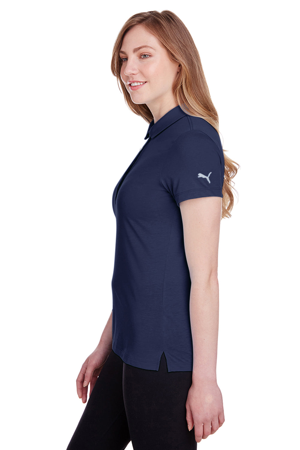 Puma 596921 Womens Fusion Performance Moisture Wicking Short Sleeve Polo Shirt Peacoat Blue Model Side