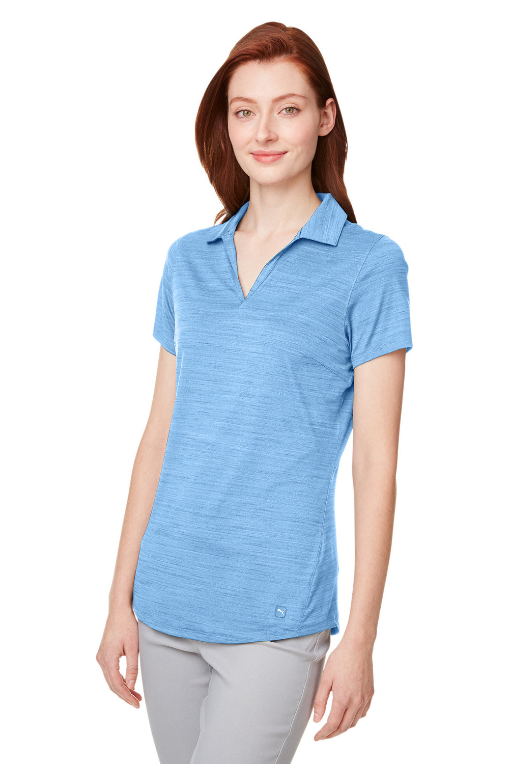 Puma 597695 Womens Cloudspun Free Moisture Wicking Short Sleeve Polo Shirt Heather Placid Blue Model 3q