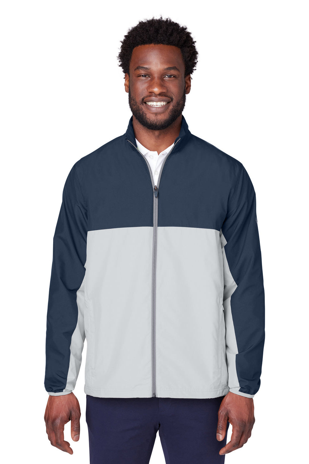 Puma 599128 Mens 1st Mile Moisture Wicking Full Zip Wind Jacket Navy Blue/High Rise Grey Model Front