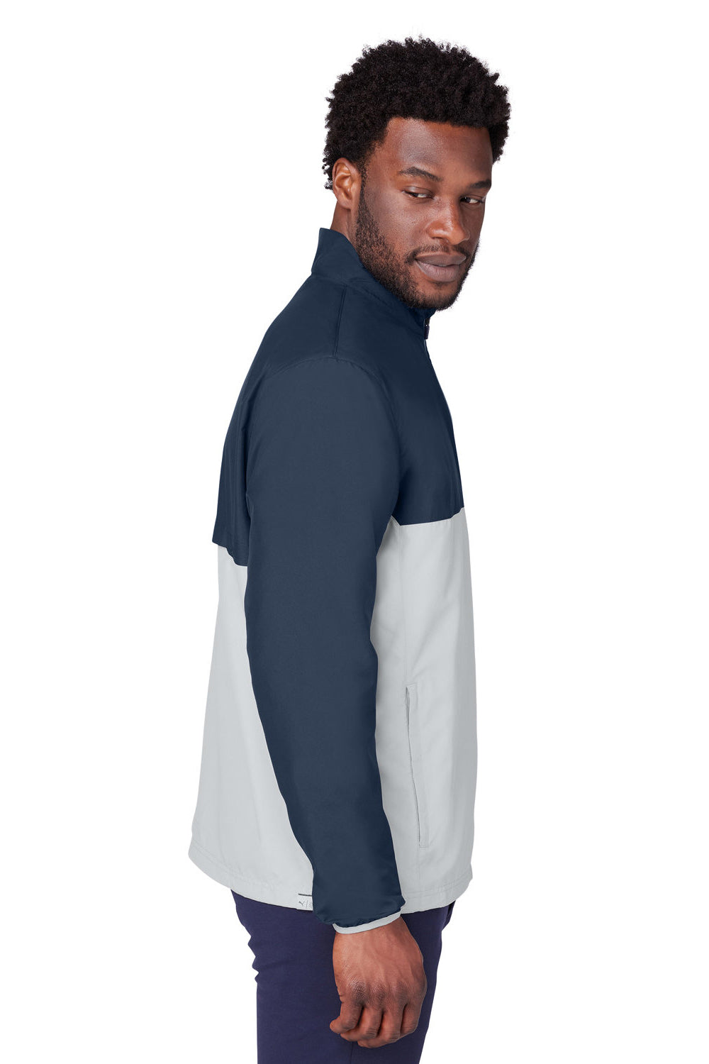 Puma 599128 Mens 1st Mile Moisture Wicking Full Zip Wind Jacket Navy Blue/High Rise Grey Model Side