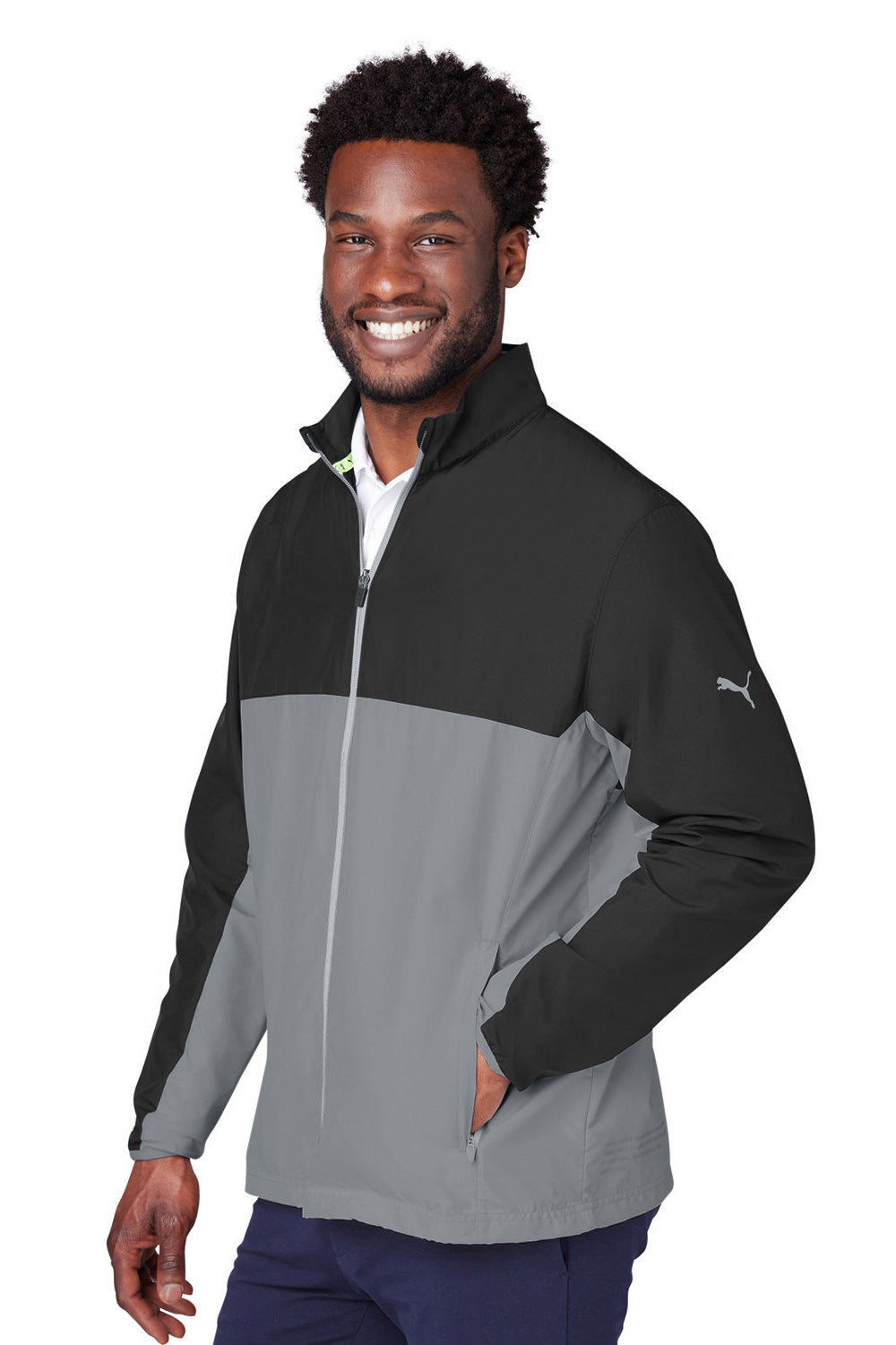 Puma 599128 Mens 1st Mile Moisture Wicking Full Zip Wind Jacket Black/Quiet Shade Grey Model 3q