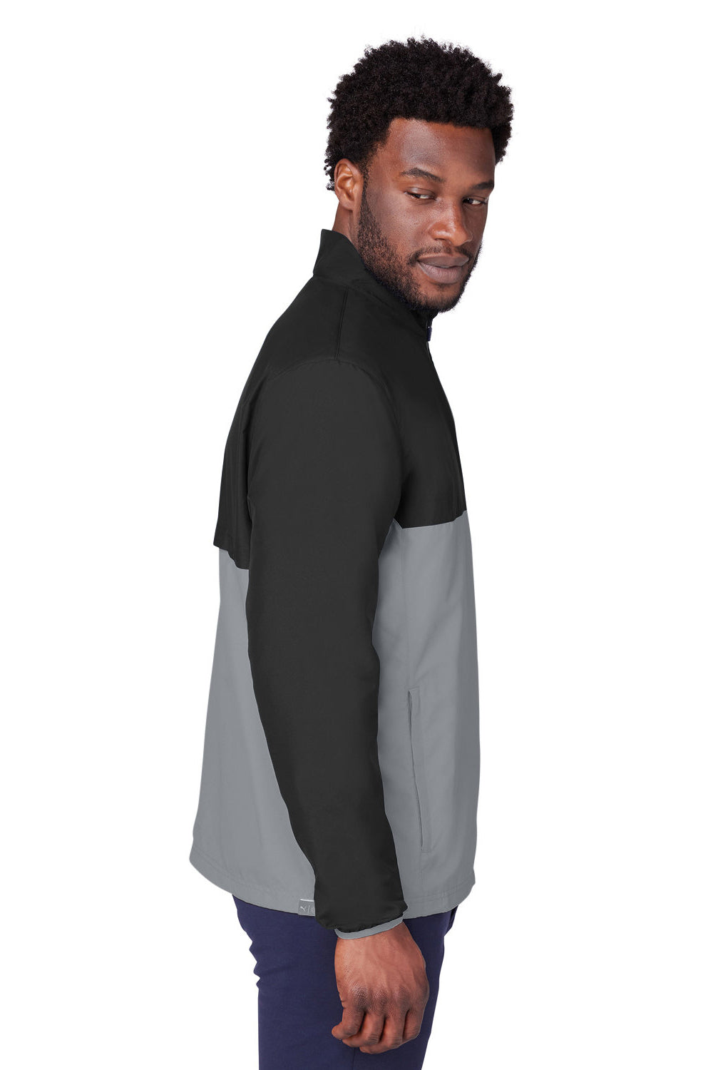 Puma 599128 Mens 1st Mile Moisture Wicking Full Zip Wind Jacket Black/Quiet Shade Grey Model Side