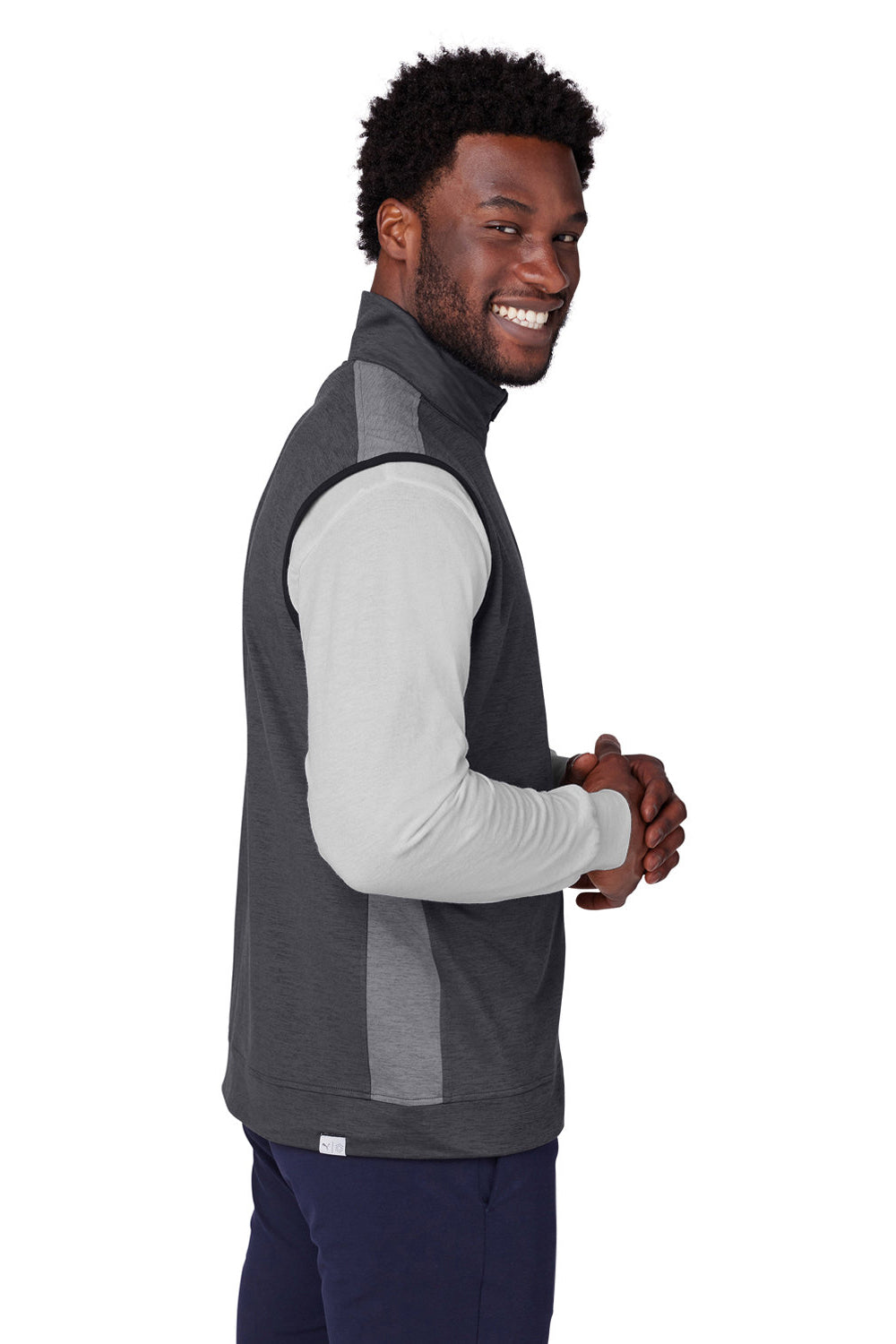Puma 599130 Mens Cloudspun T7 Moisture Wicking Full Zip Vest Heather Black/Quiet Shade Grey Model Side
