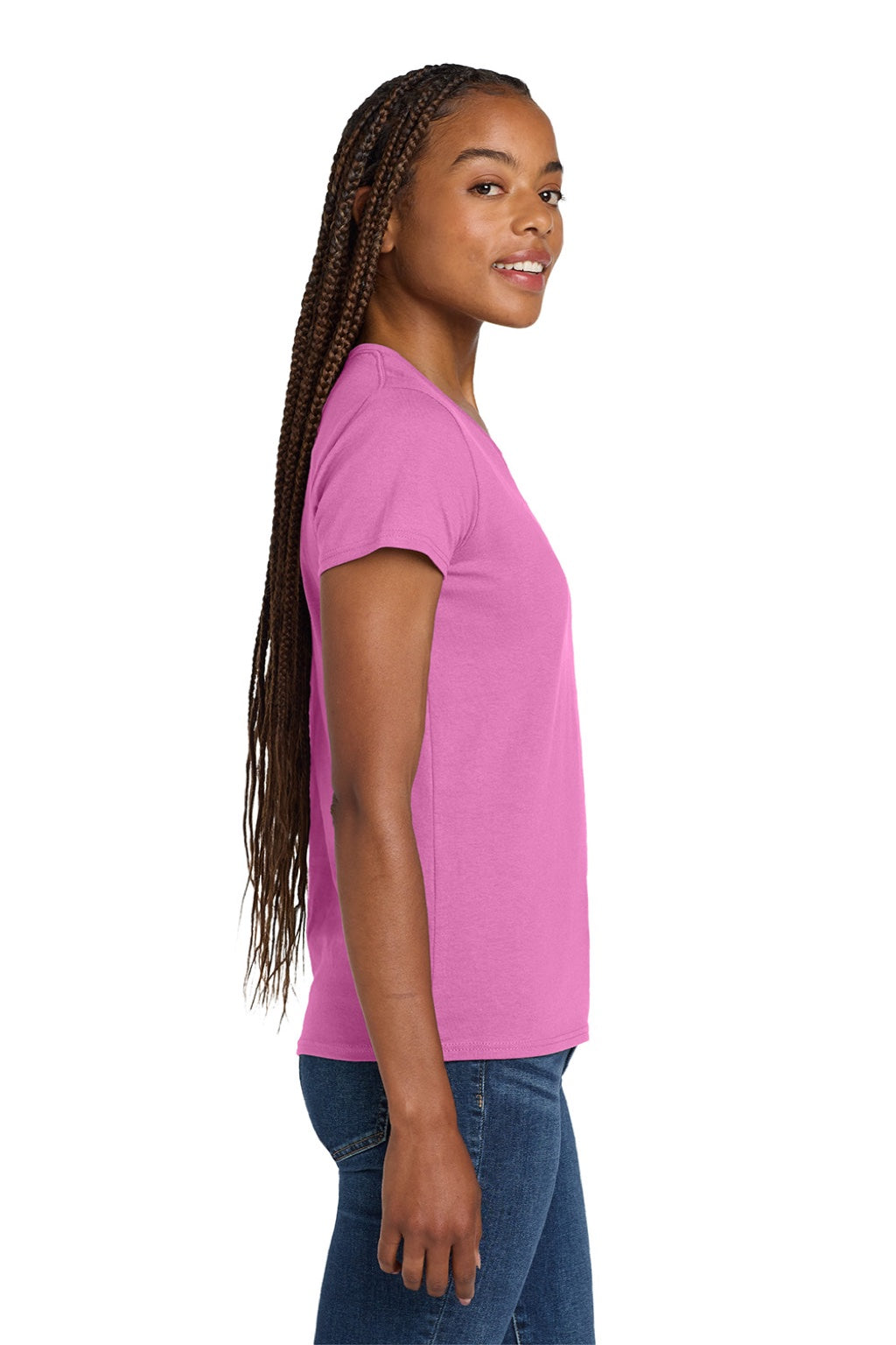 Gildan 5V00L Womens Short Sleeve V-Neck T-Shirt Azalea Pink Model Side