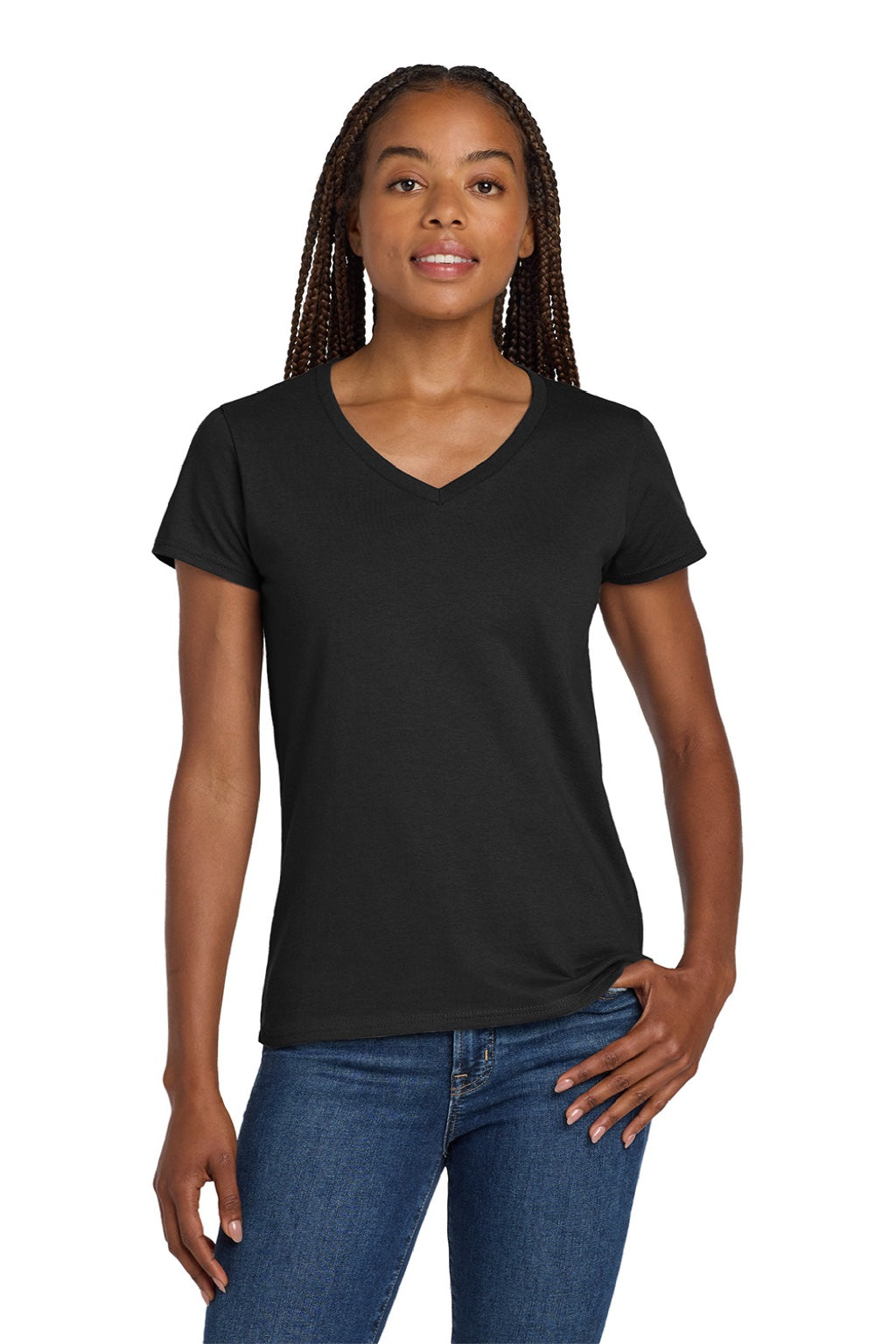 Gildan 5V00L Womens Short Sleeve V-Neck T-Shirt Black Model Front