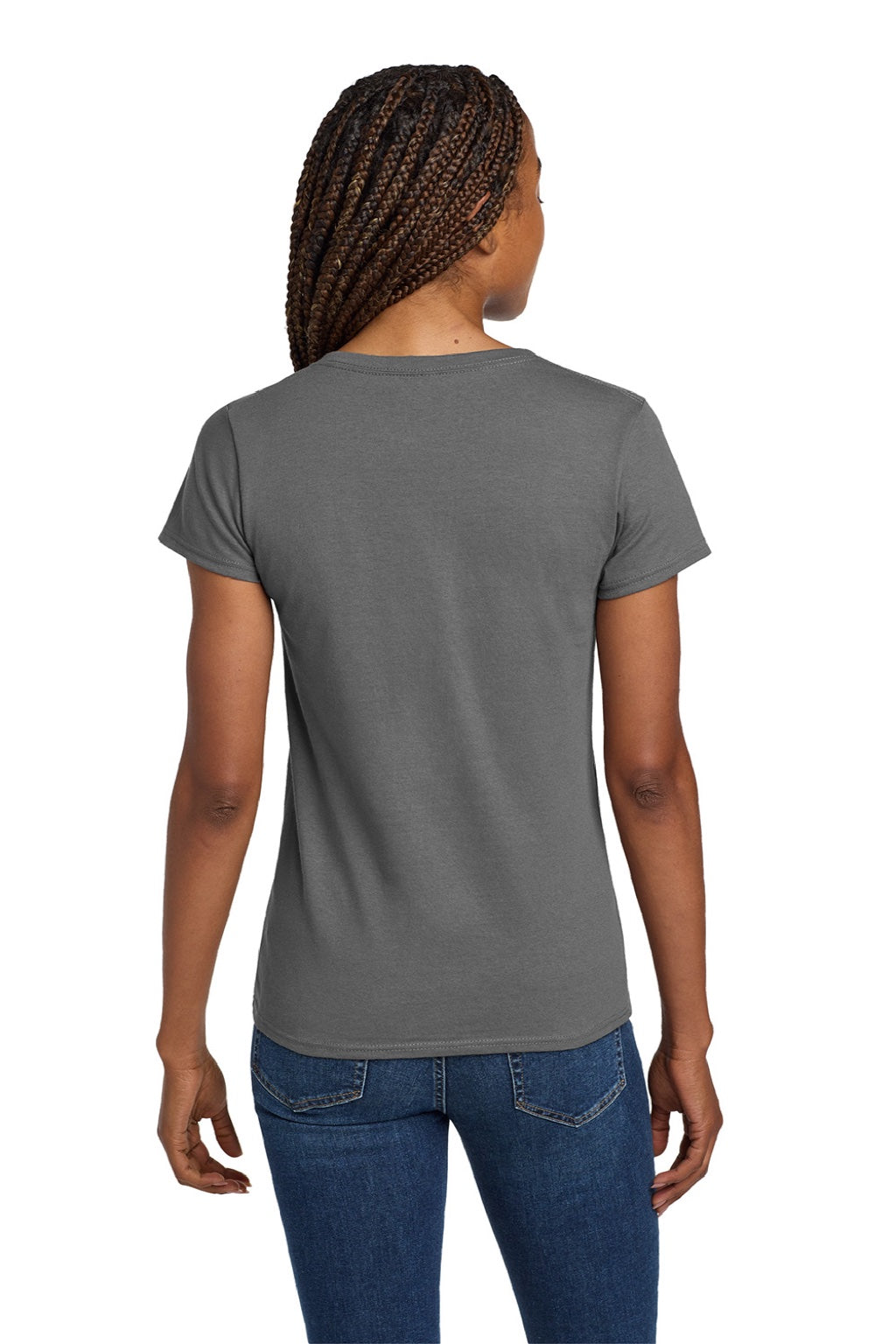 Gildan 5V00L Womens Short Sleeve V-Neck T-Shirt Charcoal Grey Model Back