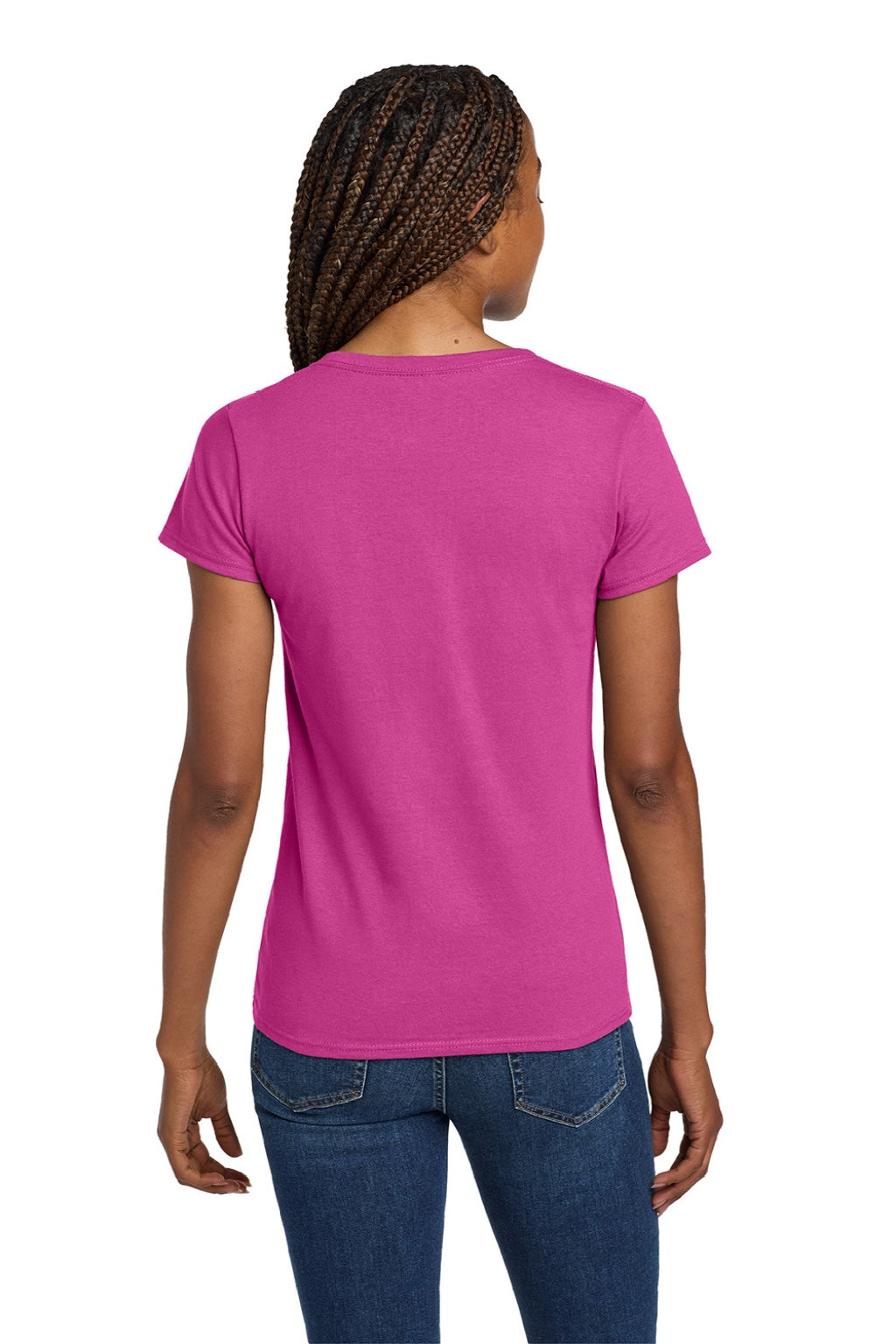 Gildan 5V00L Womens Short Sleeve V-Neck T-Shirt Heliconia Pink Model Back