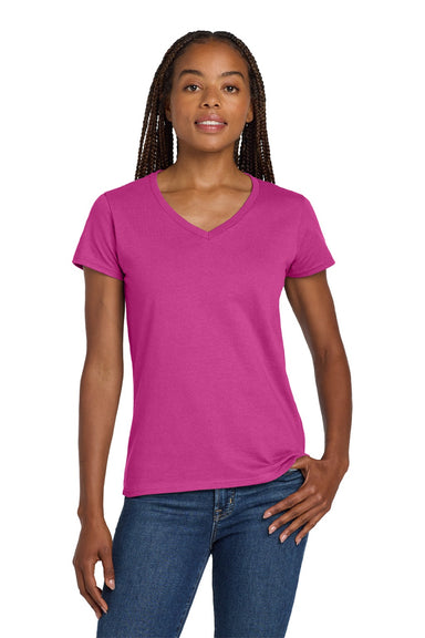 Gildan 5V00L Womens Short Sleeve V-Neck T-Shirt Heliconia Pink Model Front