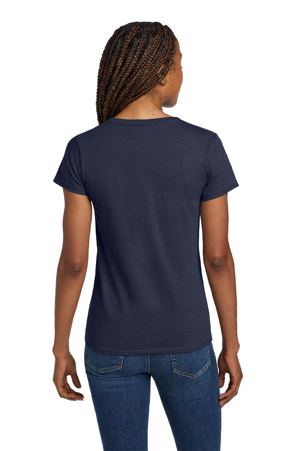 Gildan 5V00L Womens Short Sleeve V-Neck T-Shirt Navy Blue Model Back