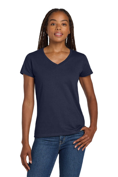 Gildan 5V00L Womens Short Sleeve V-Neck T-Shirt Navy Blue Model Front