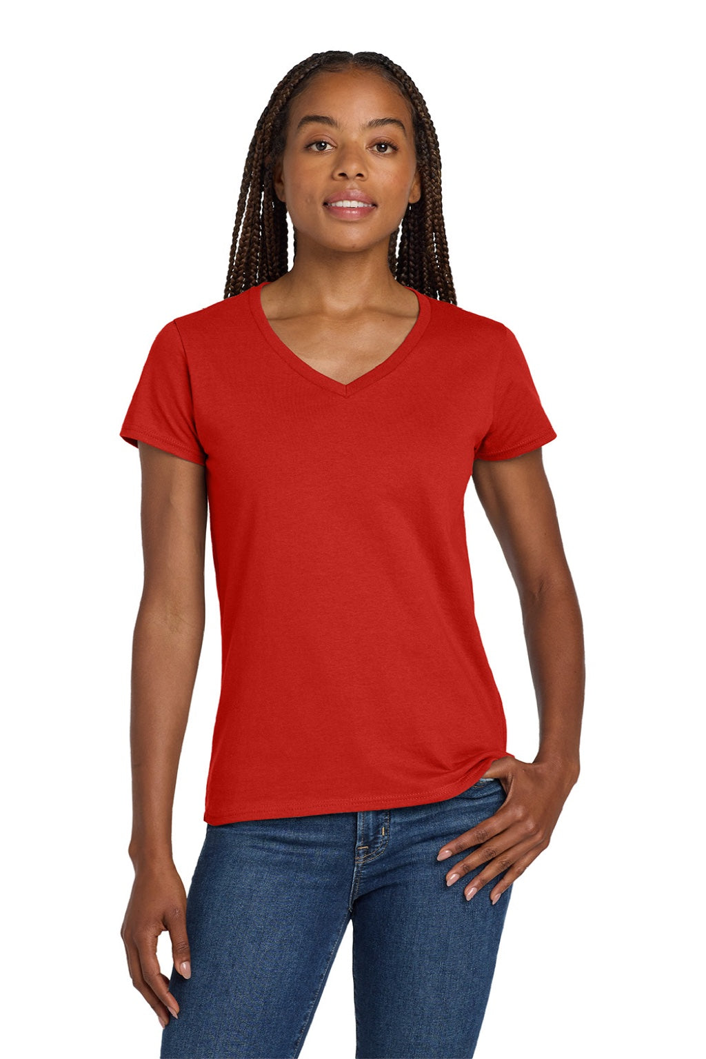 Gildan 5V00L Womens Short Sleeve V-Neck T-Shirt Red Model Front