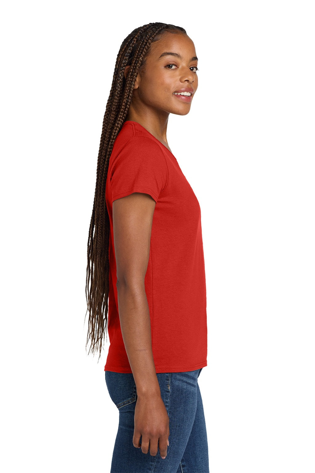 Gildan 5V00L Womens Short Sleeve V-Neck T-Shirt Red Model Side