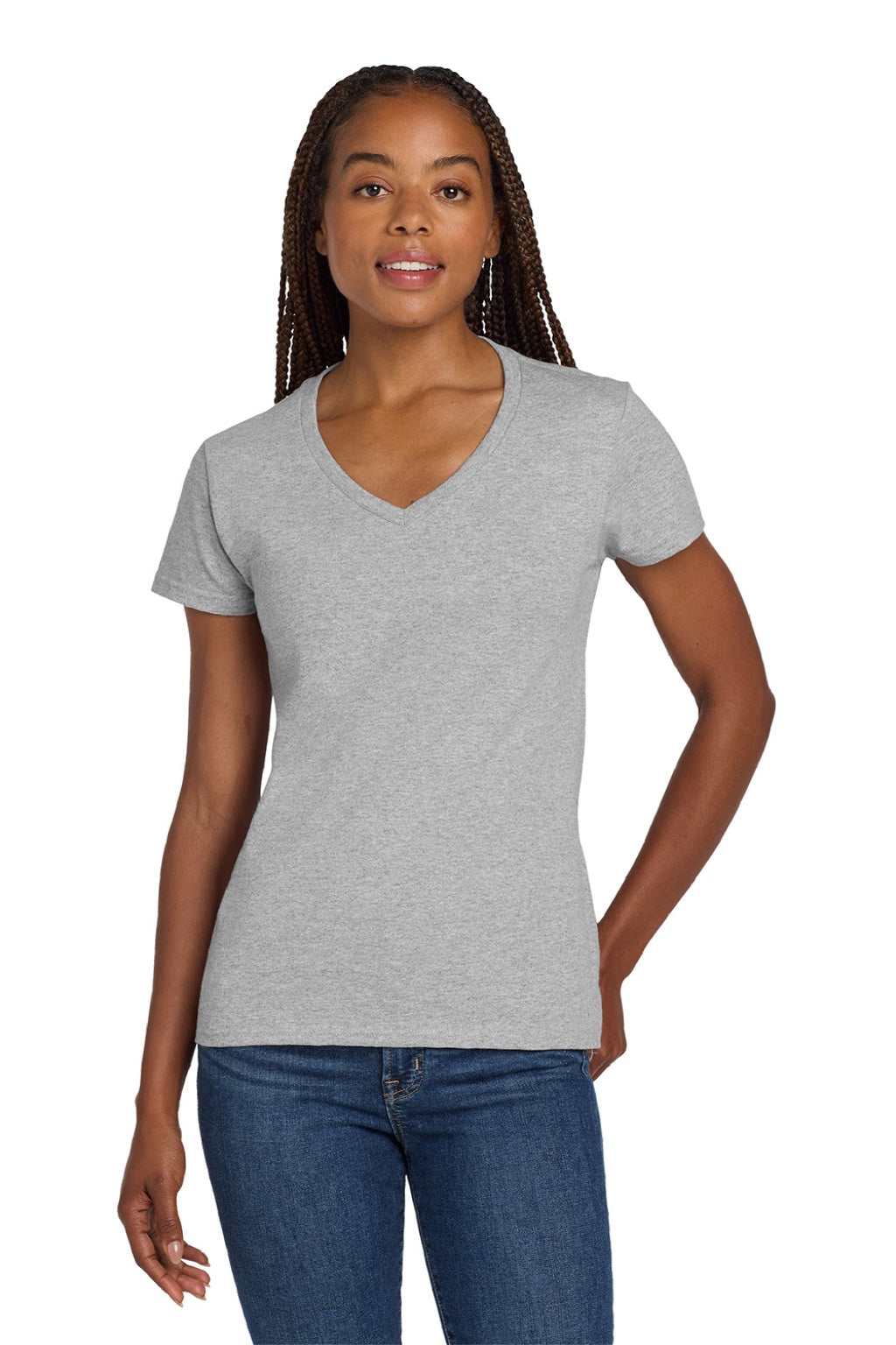 Gildan 5V00L Womens Short Sleeve V-Neck T-Shirt Sport Grey Model Front