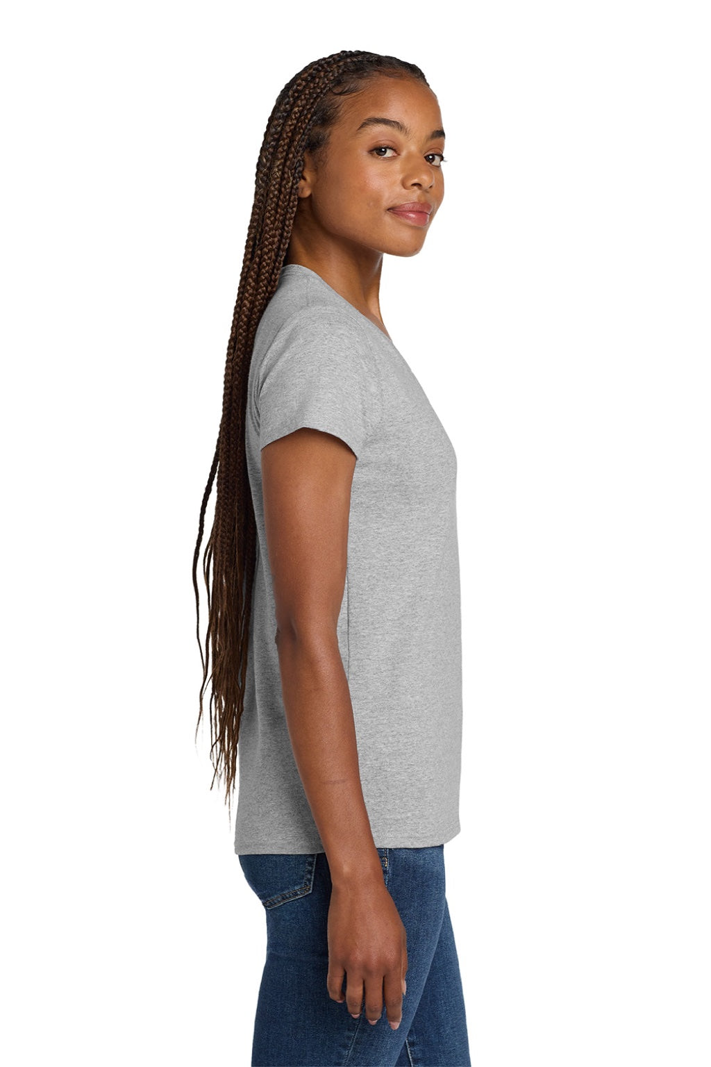 Gildan 5V00L Womens Short Sleeve V-Neck T-Shirt Sport Grey Model Side