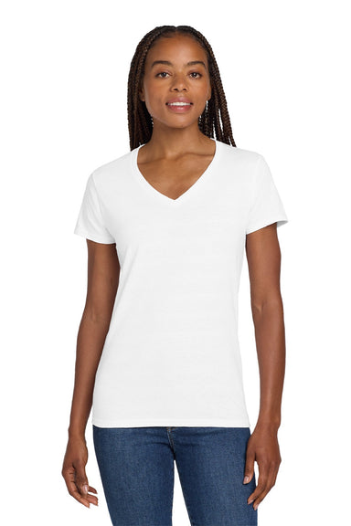Gildan 5V00L Womens Short Sleeve V-Neck T-Shirt White Model Front