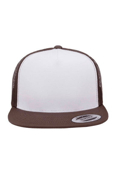 Yupoong Hats 6006/6006MC/6006W Mens Adjustable Trucker Hat White/Brown Flat Front